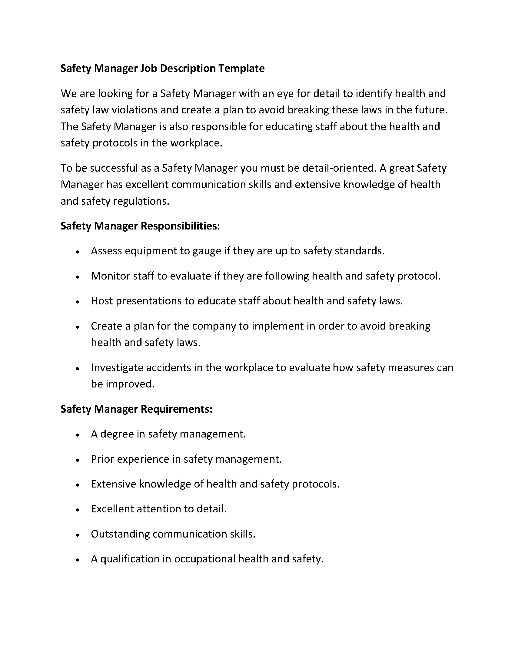 Safety Manager Job Description Template